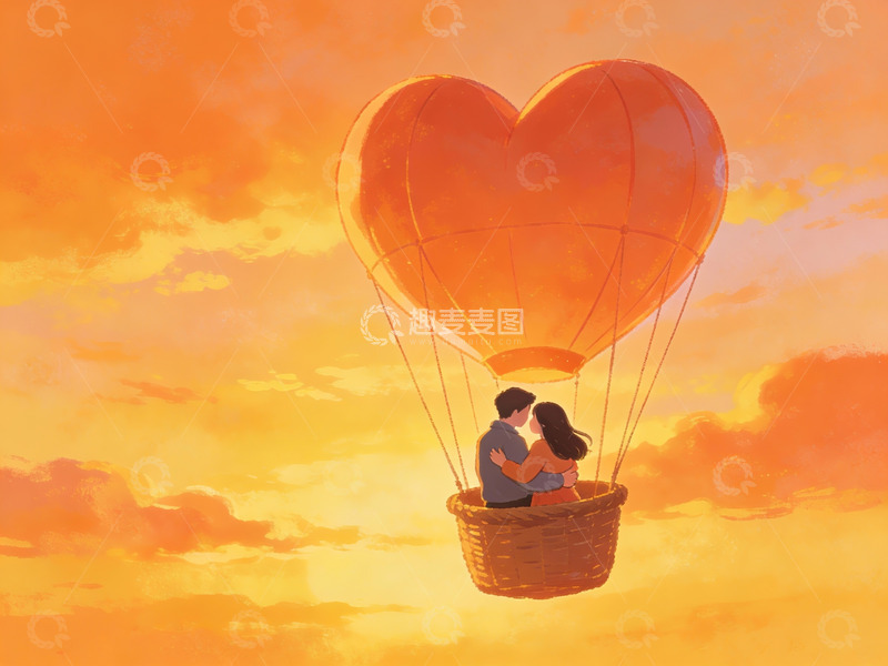 高清大图下载【趣麦麦图】情侣乘坐心形热气球飞翔