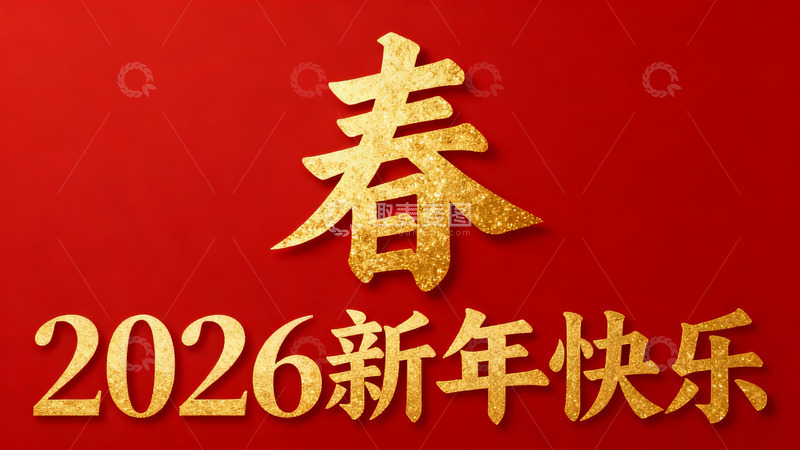 高清大图下载【趣麦麦图】红色背景金色春字新年祝福