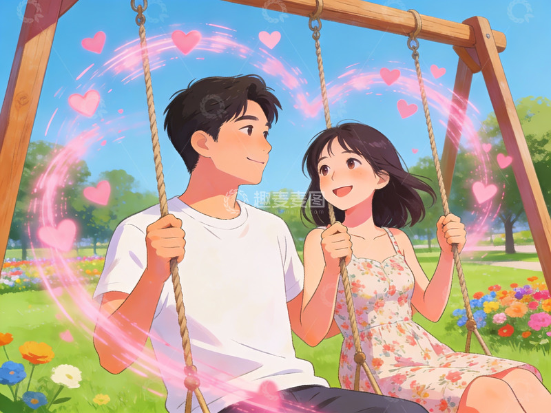 高清大图下载【趣麦麦图】情侣在公园秋千上微笑