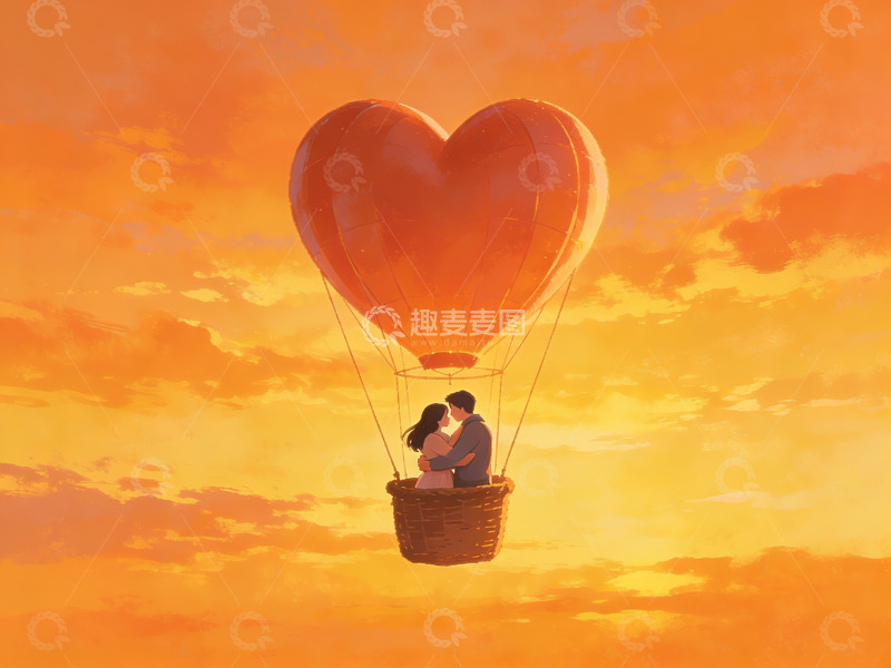 高清大图下载【趣麦麦图】情侣乘心形热气球飞翔