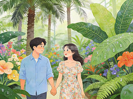 情侣在热带花园中牵手散步