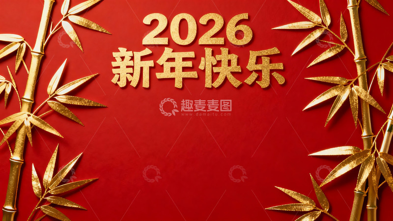 高清大图下载【趣麦麦图】红色背景金色竹子新年祝福