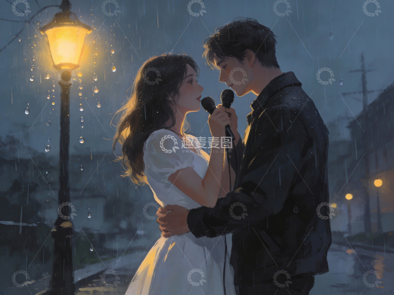 高清大图下载【趣麦麦图】雨夜街头情侣对唱
