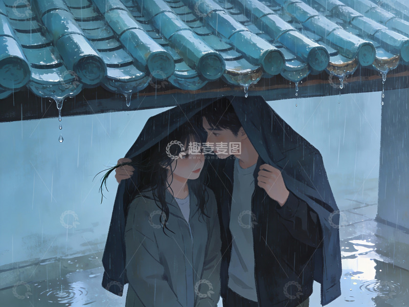 高清大图下载【趣麦麦图】雨中共伞的男女