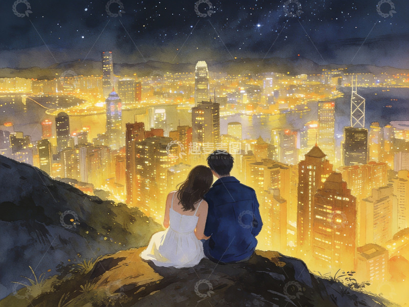 高清大图下载【趣麦麦图】情侣夜观城市灯火