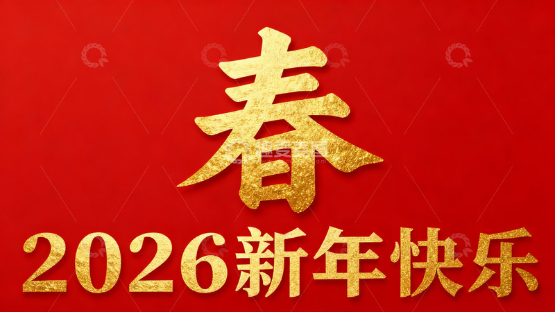 高清大图下载【趣麦麦图】红色背景金色春字新年祝福