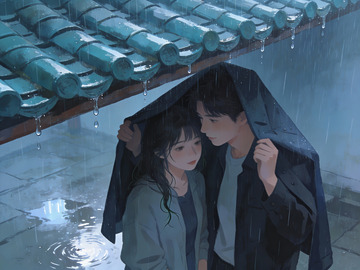 雨中相依的青年男女
