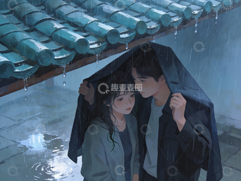高清大图下载【趣麦麦图】雨中相依的青年男女