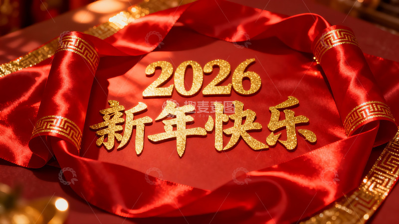 高清大图下载【趣麦麦图】2026新年快乐红色丝带装饰