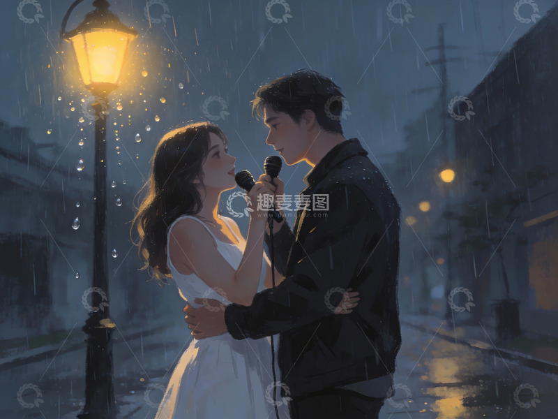 高清大图下载【趣麦麦图】雨夜街头情侣深情对唱