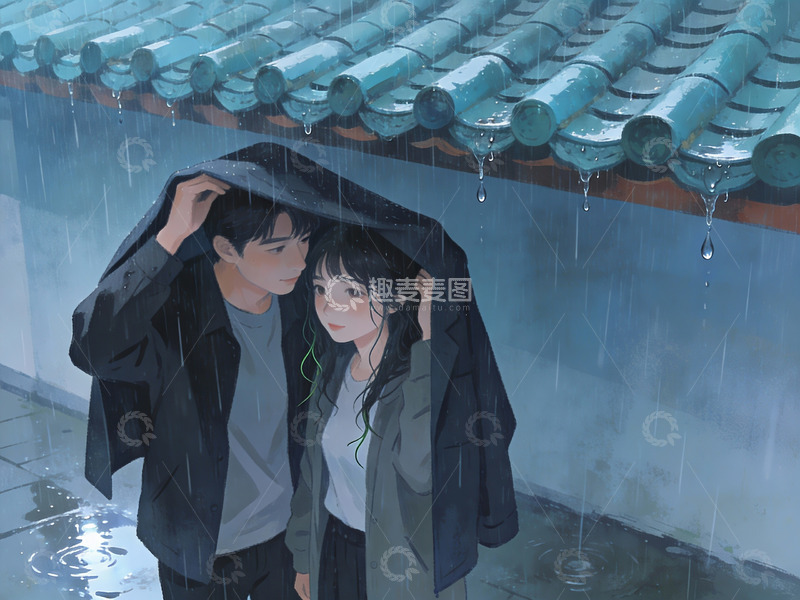 高清大图下载【趣麦麦图】雨中共撑外套的男女