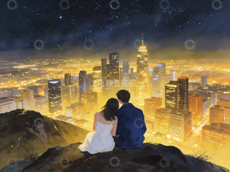 高清大图下载【趣麦麦图】情侣夜观城市灯火