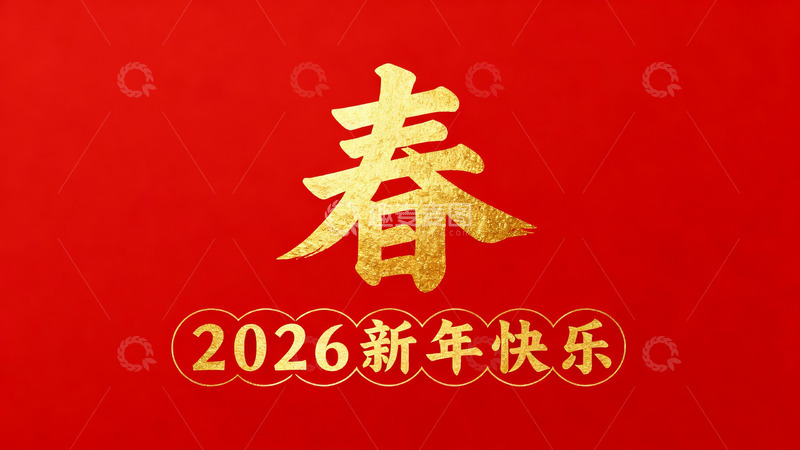 高清大图下载【趣麦麦图】红色背景金色春字新年祝福