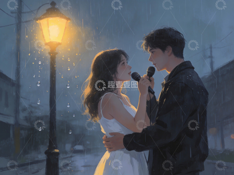 高清大图下载【趣麦麦图】雨夜街头情侣对唱