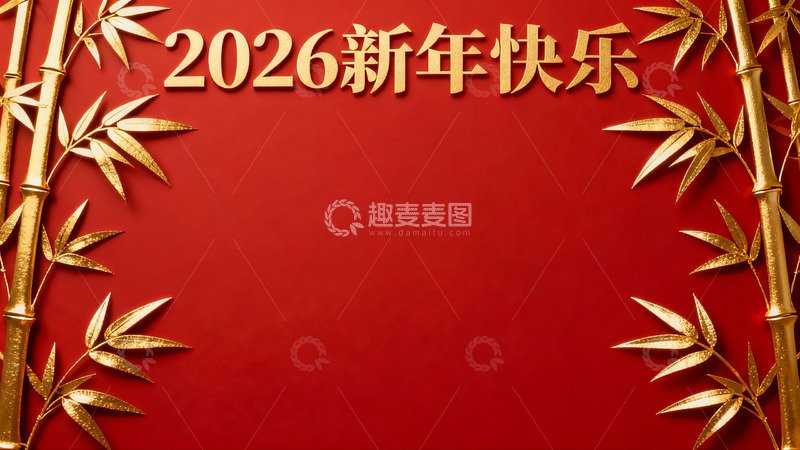高清大图下载【趣麦麦图】2026新年红色竹叶装饰