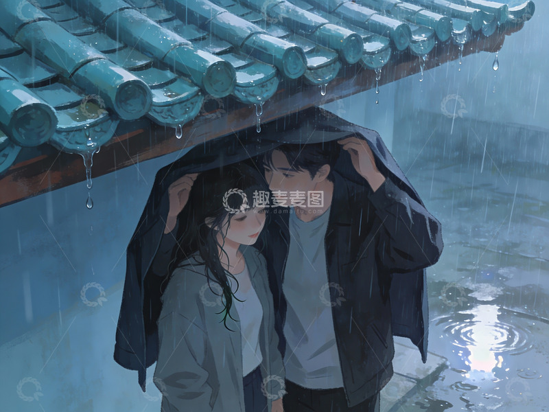 高清大图下载【趣麦麦图】雨中共伞的男女