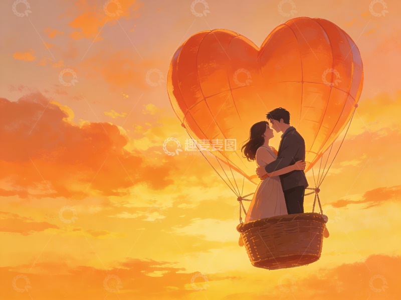 高清大图下载【趣麦麦图】情侣乘心形热气球飞翔