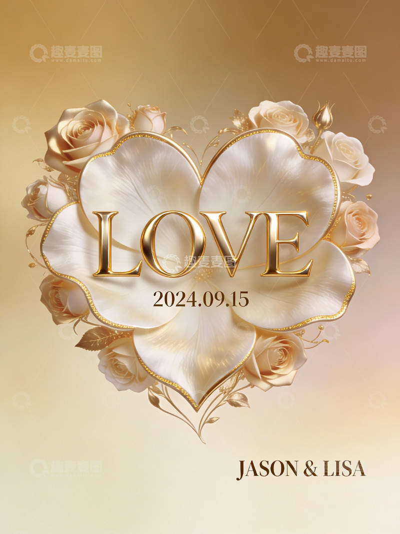 高清大图下载【趣麦麦图】金色玫瑰心形婚礼海报