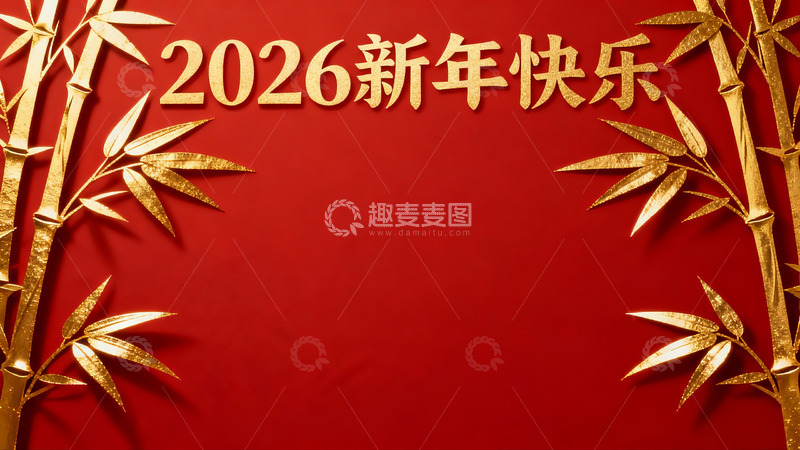 高清大图下载【趣麦麦图】2026新年快乐红色竹子装饰