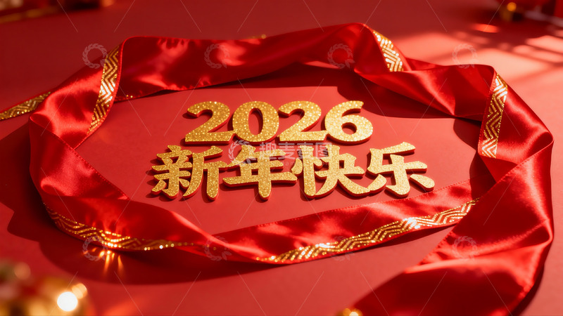 高清大图下载【趣麦麦图】红色丝带环绕金色新年祝福
