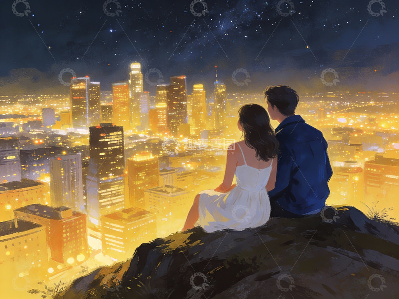 高清大图下载【趣麦麦图】情侣夜观城市星空