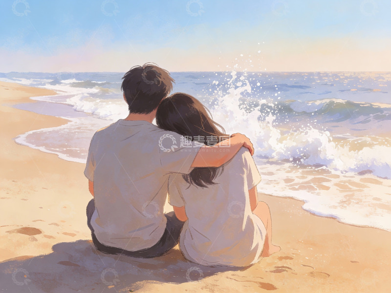 高清大图下载【趣麦麦图】情侣海边静坐观海景
