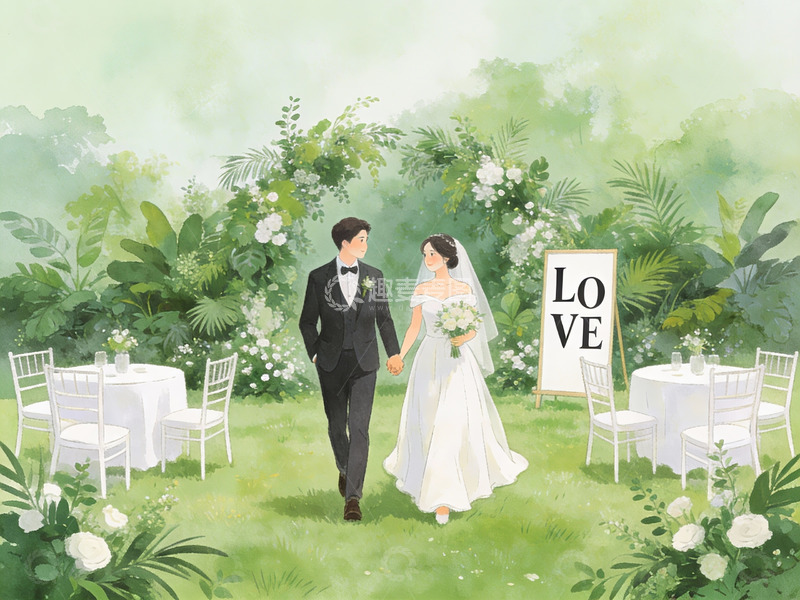 高清大图下载【趣麦麦图】新人在花园婚礼场景中牵手行走