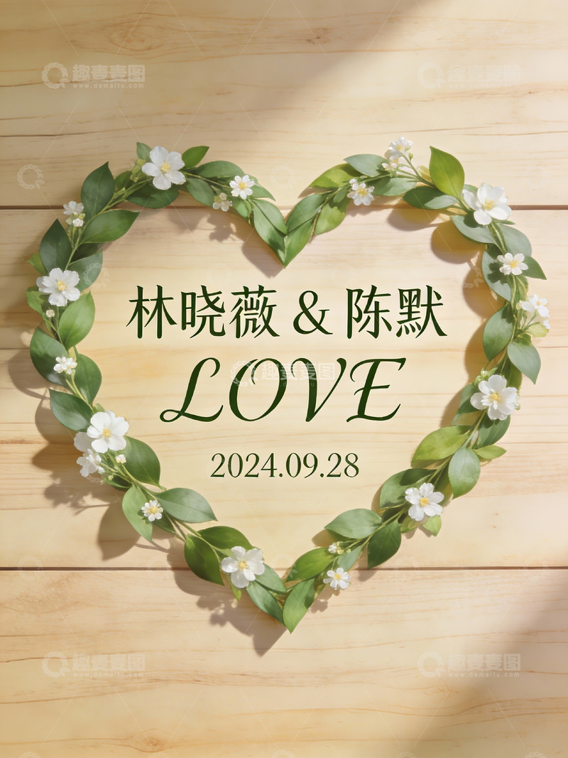 高清大图下载【趣麦麦图】心形花环婚礼纪念海报