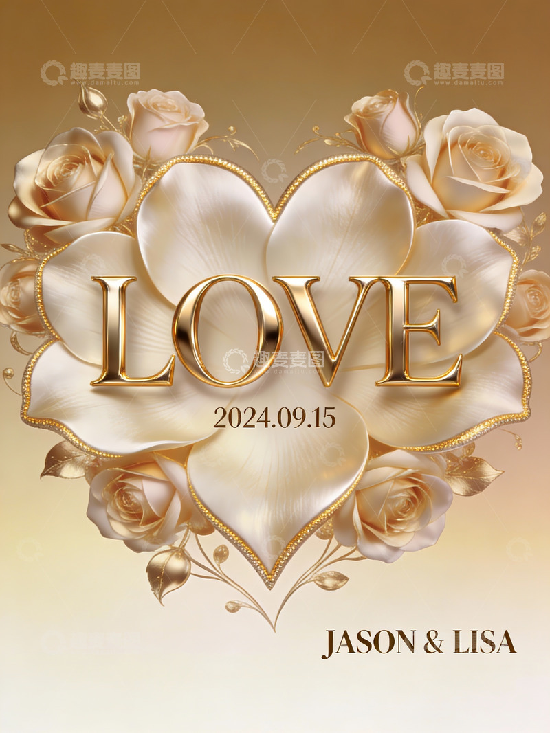 高清大图下载【趣麦麦图】金色玫瑰心形婚礼海报
