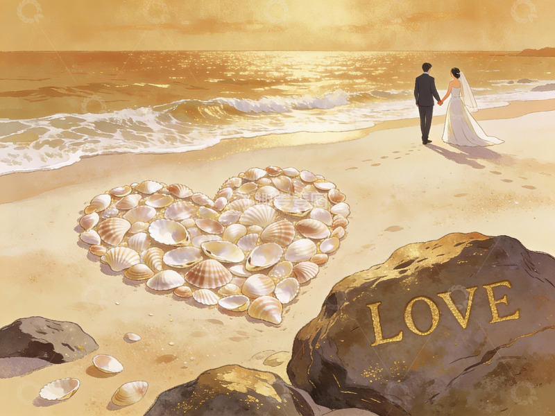 高清大图下载【趣麦麦图】海滩情侣与贝壳心形