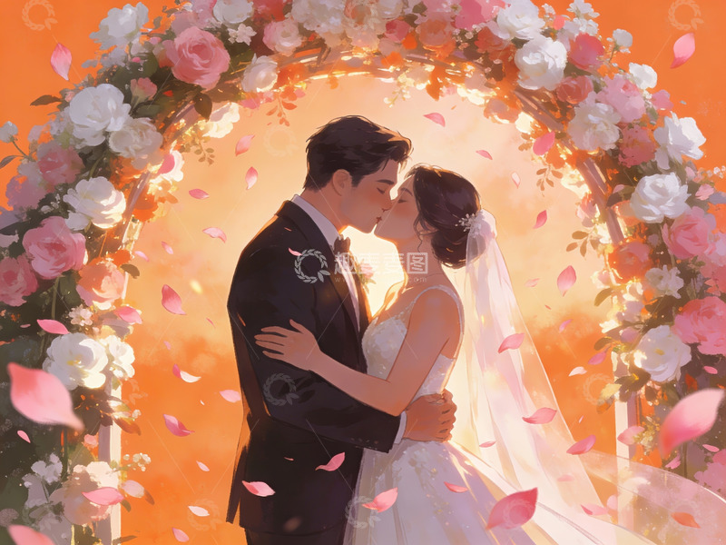 高清大图下载【趣麦麦图】新人在花拱门下亲吻