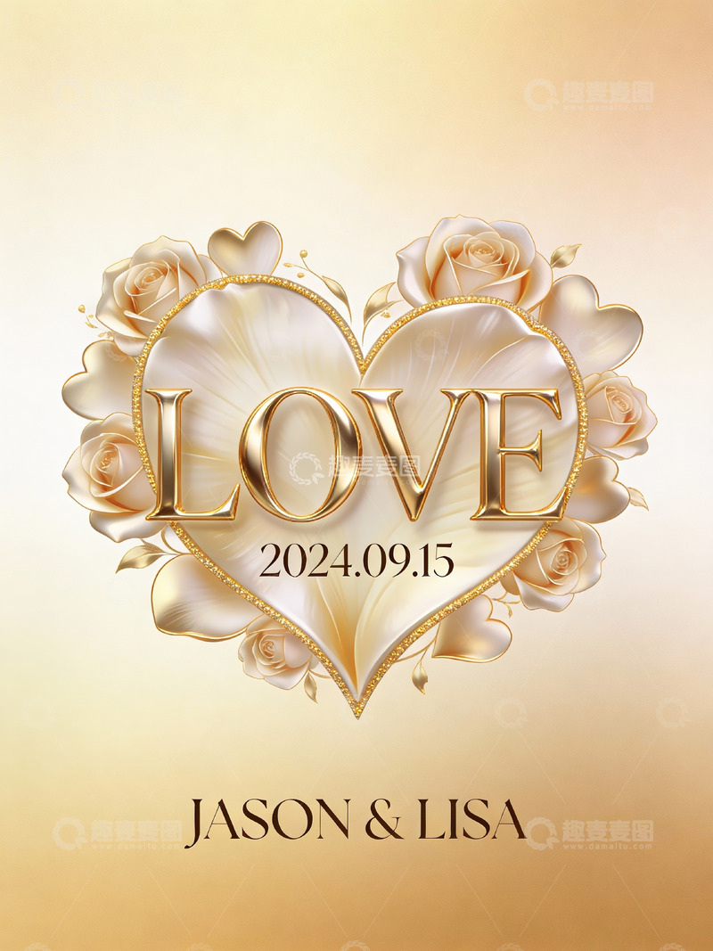 高清大图下载【趣麦麦图】金色玫瑰心形婚礼海报