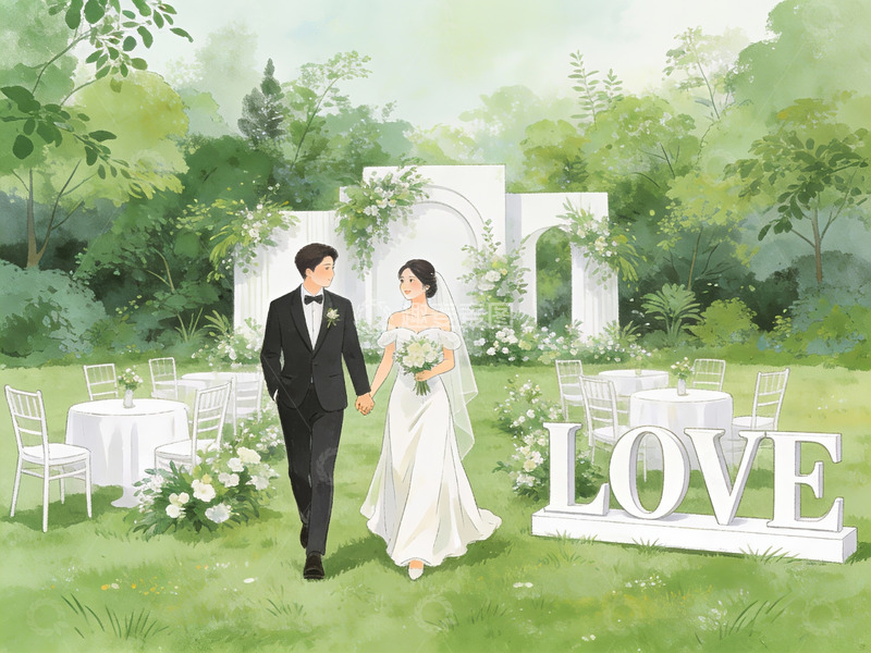 高清大图下载【趣麦麦图】新人在花园婚礼现场牵手