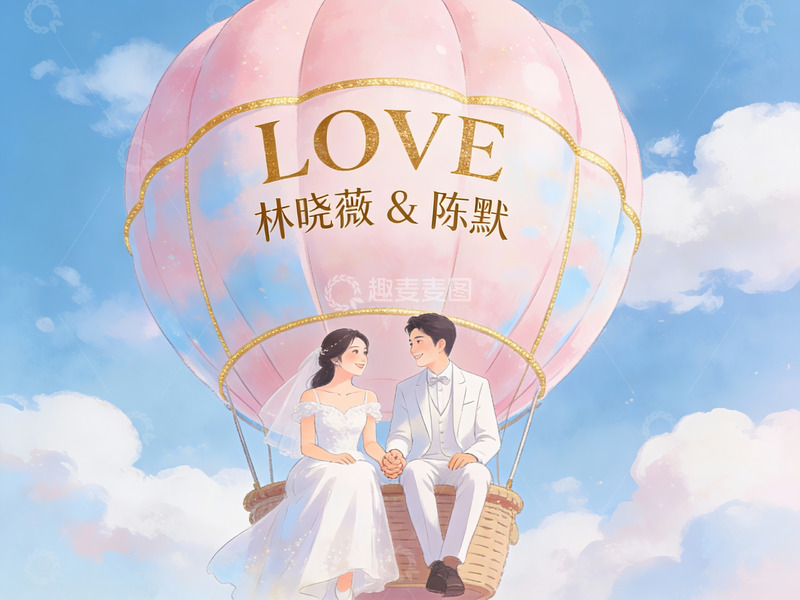 高清大图下载【趣麦麦图】热气球上的新人情侣