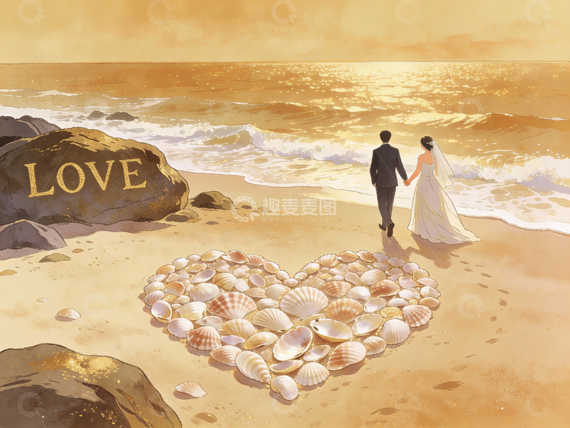 高清大图下载【趣麦麦图】海滩情侣与贝壳心形