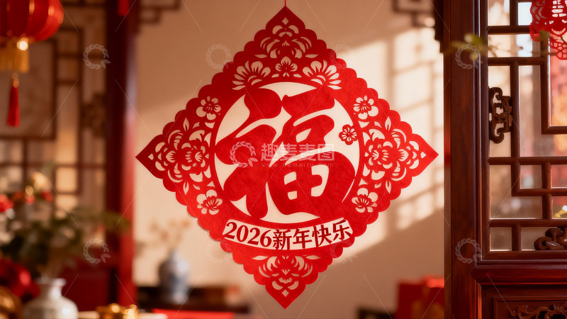 高清大图下载【趣麦麦图】新年福字剪纸装饰室内场景