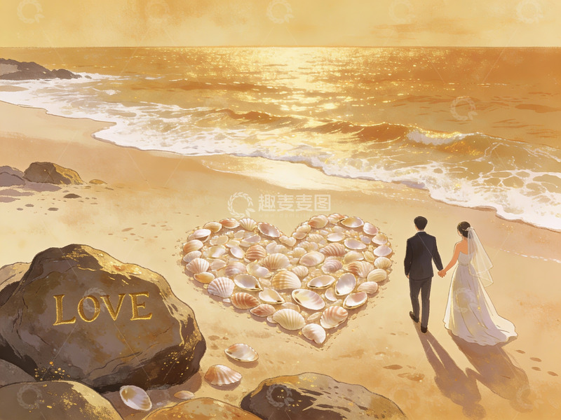 高清大图下载【趣麦麦图】海边情侣与贝壳心形