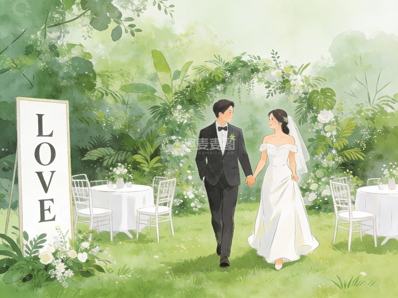 高清大图下载【趣麦麦图】新人在花园婚礼现场牵手