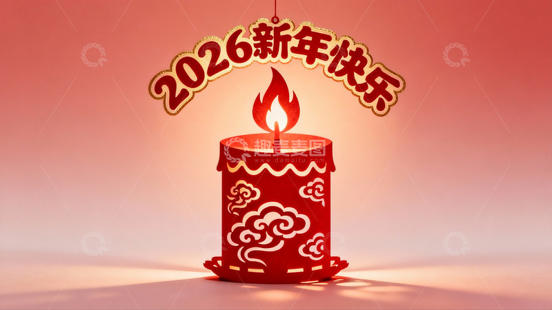 高清大图下载【趣麦麦图】新年快乐红色剪纸蜡烛装饰