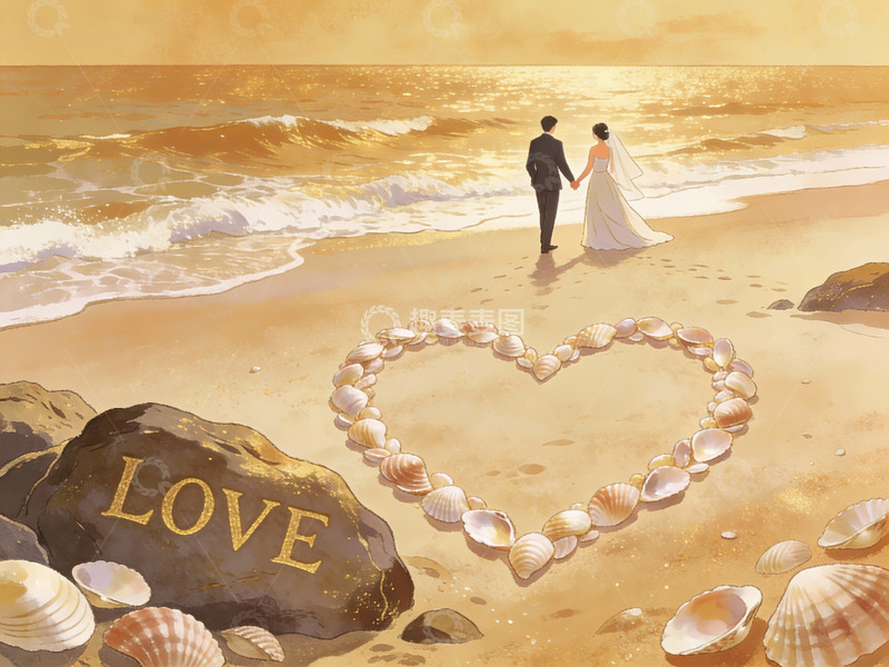 高清大图下载【趣麦麦图】海滩新人牵手心形贝壳
