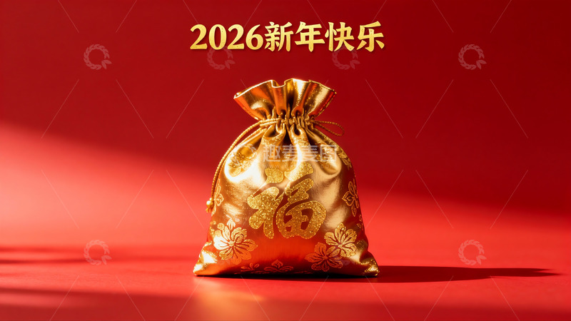 高清大图下载【趣麦麦图】红色背景上的金色福袋新年祝福