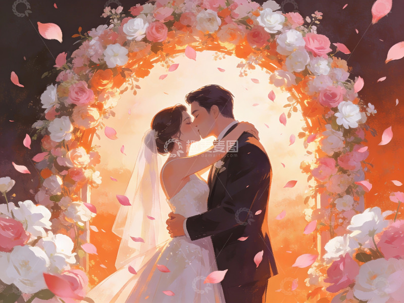 高清大图下载【趣麦麦图】新人在花环下亲吻