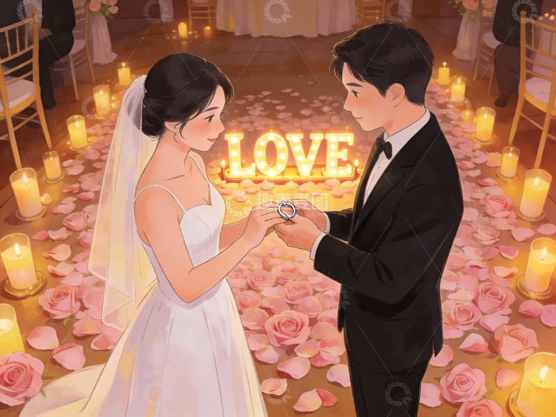 高清大图下载【趣麦麦图】新人交换戒指的婚礼场景