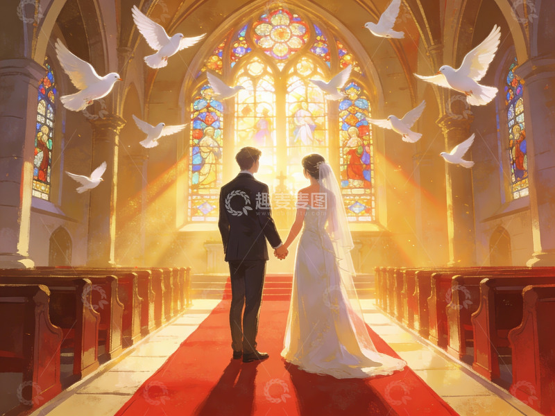 高清大图下载【趣麦麦图】教堂婚礼新人牵手画面