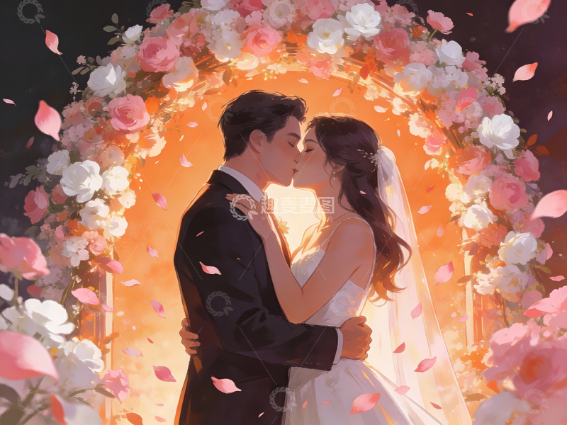 高清大图下载【趣麦麦图】新人在花环下亲吻