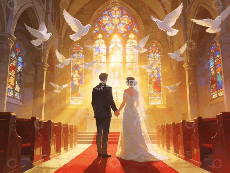 高清大图下载【趣麦麦图】教堂婚礼新人牵手前行