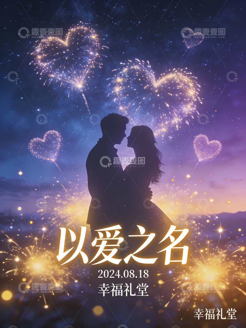 高清大图下载【趣麦麦图】情侣剪影与心形烟花的浪漫场景