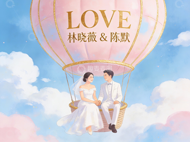 高清大图下载【趣麦麦图】热气球上的新人婚礼场景