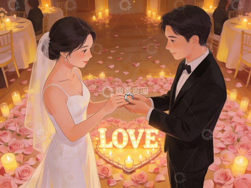 高清大图下载【趣麦麦图】新人交换婚戒的温馨婚礼场景
