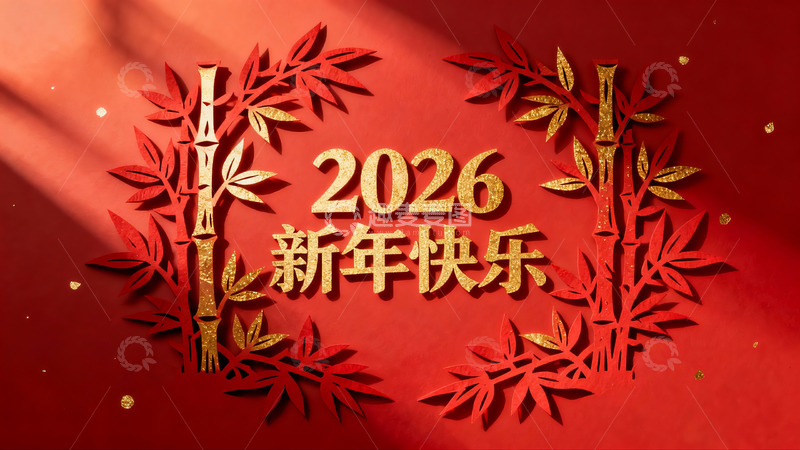 高清大图下载【趣麦麦图】红色背景新年快乐剪纸艺术